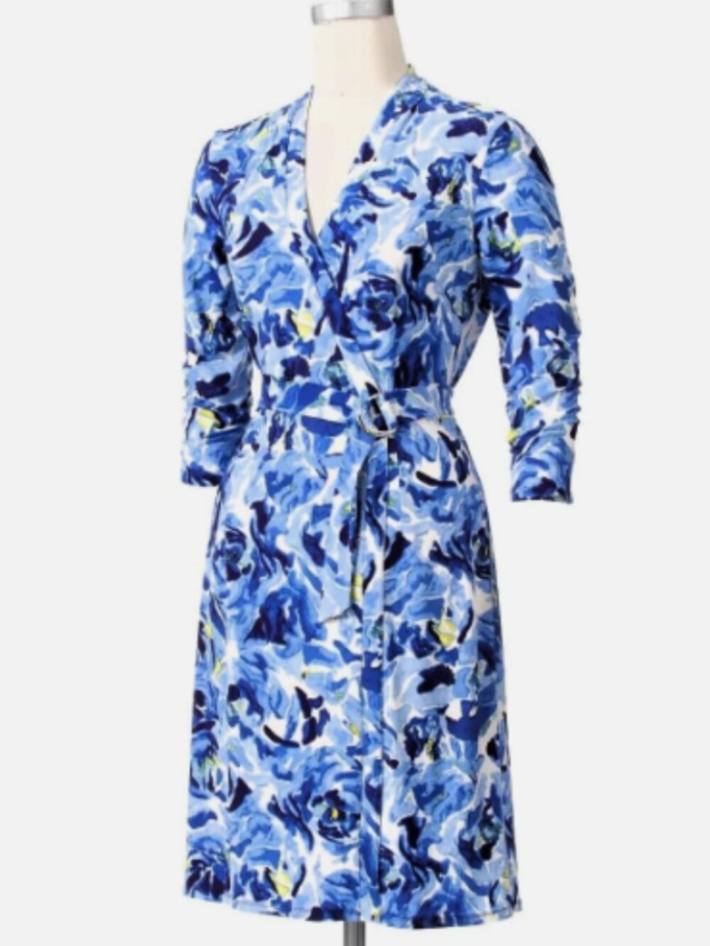NWT Dana Buchman 3/4 Sleeve Floral Faux Wrap Dress, Blue/White - Size XL